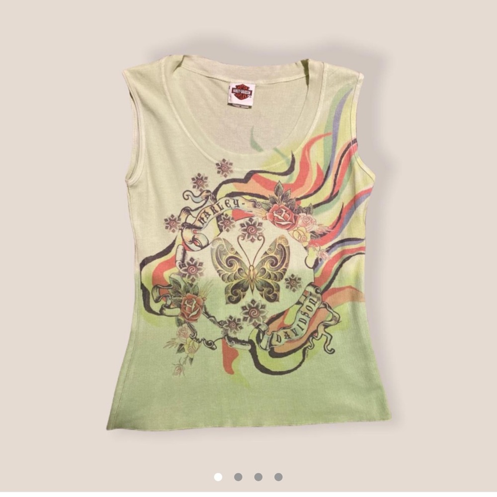 Vintage Harley Davidson Butterfly Flower Green Tank Top Ombré